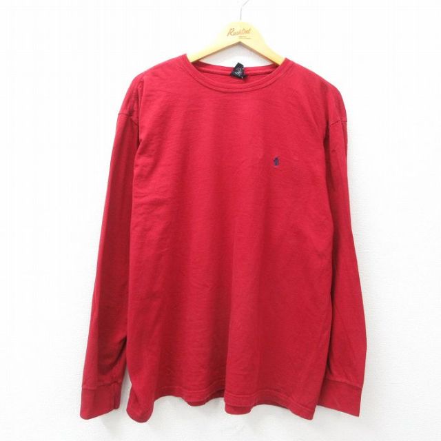 XL★古着 ラルフローレン Ralph Lauren 長袖 ブランド Tシャツ メンズ 90年代 90s ワンポイントロゴ 大きいサイズ コットン クルーネック 赤 レッド 25apr11 中古