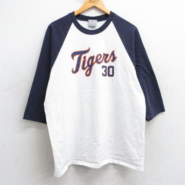 L★古着 7分袖 ビンテージ Tシャツ メンズ 00年代 00s MLB デトロイトタイガース マグリオオルドニェス 30 ラグラン ツートンカラー コットン クルーネック 白他 ホワイト メジャーリーグ ベースボール 野球 25apr14 中古 7分丈 七分丈 七分袖