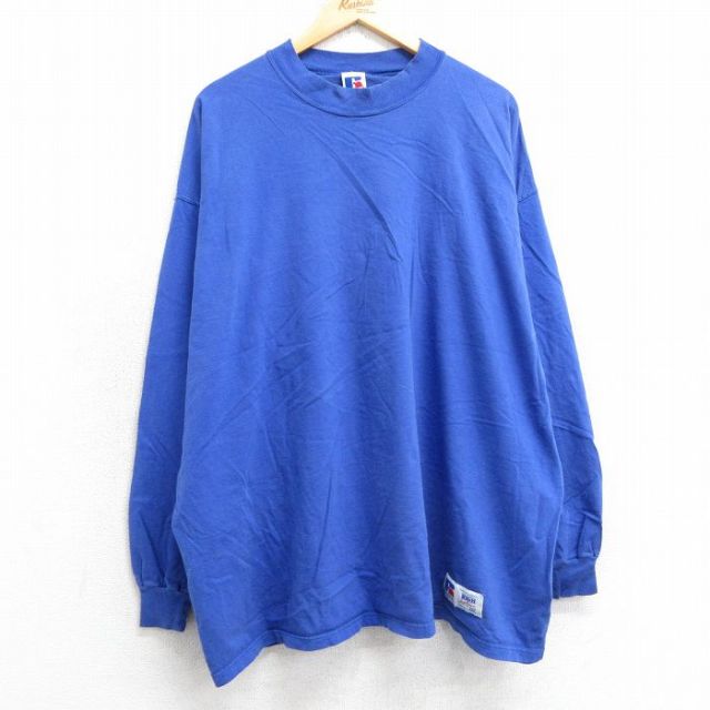 XL★古着 ラッセル 長袖 ビンテージ Tシャツ メンズ 90年代 90s 無地 大きいサイズ コットン モックネック ハイネック USA製 青 ブルー 【spe】 25apr14 中古