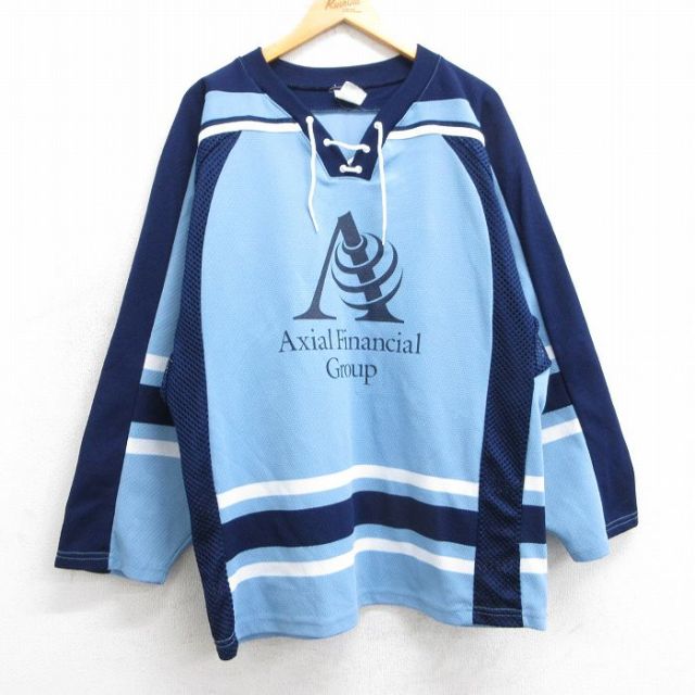 XL★古着 長袖 ビンテージ Tシャツ アイスホッケー ジャージ メンズ 90年代 90s Axial Financial Group 25 メッシュ地 ラグラン カナダ製 水色他 ユニフォーム ゲームシャツ 25apr14 中古