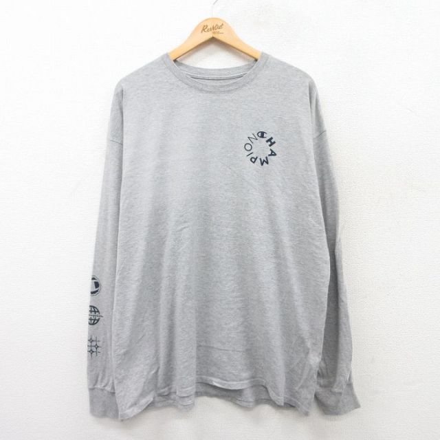 XL★古着 チャンピオン Champion 長袖 Tシャツ メンズ ワンポイントロゴ 大きいサイズ クルーネック グレー 霜降り 25apr17 中古
