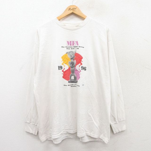 XL★古着 長袖 ビンテージ Tシャツ メンズ 90年代 90s ヒューストン美術館 BMW 企業広告 大きいサイズ コットン クルーネック カナダ製 白 ホワイト 25apr17 中古