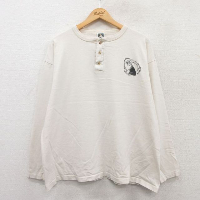 XL★古着 長袖 ビンテージ Tシャツ メンズ 90年代 90s 犬 大きいサイズ コットン ヘンリーネック USA製 生成り 25apr17 中古