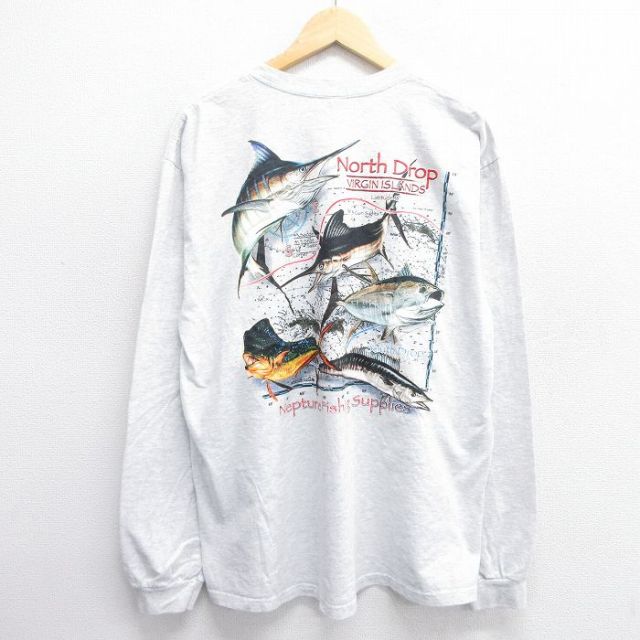 XL★古着 長袖 ビンテージ Tシャツ メンズ 00年代 00s 魚 胸ポケット付き クルーネック 薄グレー 霜降り 25apr23 中古