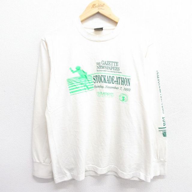 【50%OFF】M★古着 フルーツオブザルーム 長袖 ビンテージ Tシャツ メンズ 90年代 90s STOCKADE ATHON クルーネック USA製 生成り 25apr23 中古