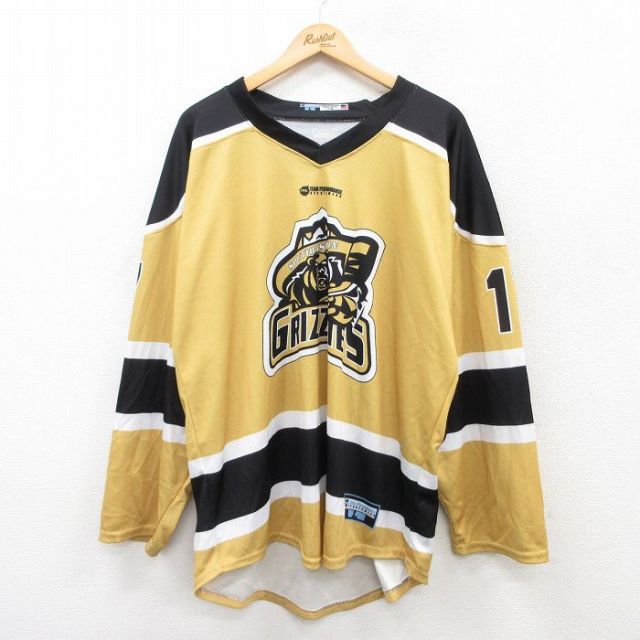 XL★古着 長袖 ビンテージ Tシャツ アイスホッケー ジャージ メンズ 90年代 90s サウスイースタングリズリーズ 17 大きいサイズ ロング丈 Vネック USA製 黄系他 イエロー ユニフォーム ゲームシャツ 【spe】 25apr23 中古