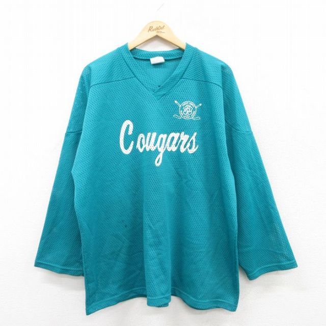 XL★古着 長袖 ビンテージ フットボール Tシャツ メンズ 80年代 80s Cougars BRENNAN 2 メッシュ地 大きいサイズ Vネック カナダ製 青緑 25apr23 中古