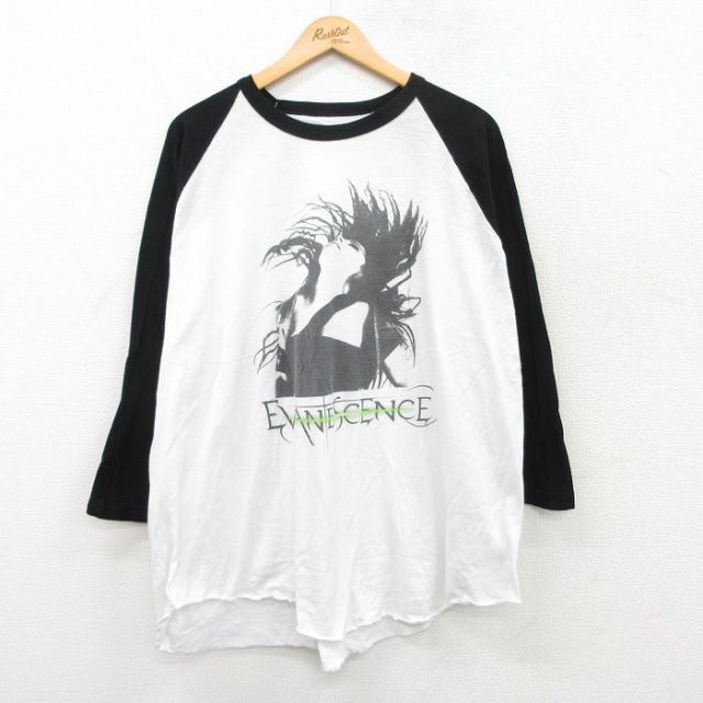 XL★古着 7分袖 ロック バンド Tシャツ メンズ エヴァネッセンス ラグラン ツートンカラー 大きいサイズ コットン クルーネック 白他 ホワイト 【spe】 25apr23 中古 7分丈 七分丈 七分袖