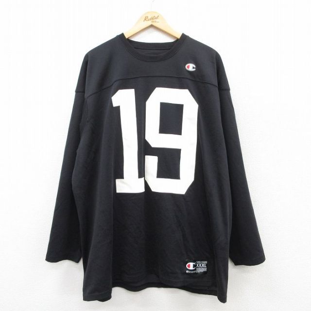XL★古着 チャンピオン Champion 長袖 フットボール Tシャツ メンズ 19 大きいサイズ ロング丈 クルーネック 黒 ブラック 25apr23 中古