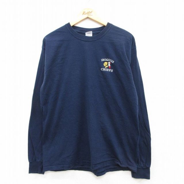 L★古着 長袖 ビンテージ Tシャツ メンズ 00年代 00s インディアン IROQUOIS CHIEFS コットン クルーネック 紺 ネイビー 25apr23 中古