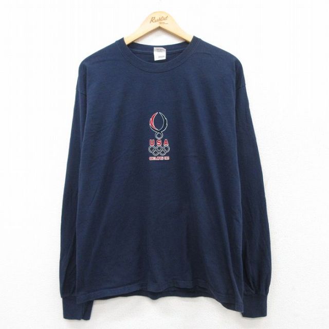 L★古着 長袖 ビンテージ Tシャツ メンズ 00年代 00s 北京 オリンピック USAロゴ コットン クルーネック 紺 ネイビー 25apr23 中古
