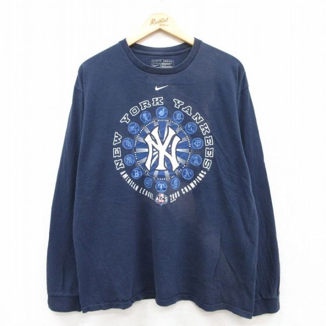 XL★古着 ナイキ NIKE 長袖 ビンテージ Tシャツ メンズ 00年代 00s MLB ニューヨークヤンキース コットン クルーネック 紺 ネイビー メジャーリーグ ベースボール 野球 25apr23 中古
