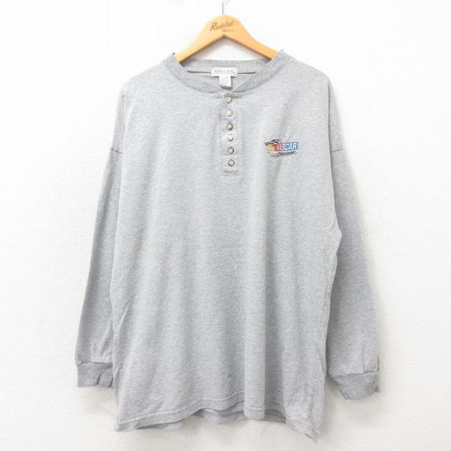 XL★古着 長袖 ビンテージ Tシャツ メンズ 90年代 90s NASCAR 大きいサイズ コットン ヘンリーネック カナダ製 グレー 霜降り 25apr25 中古