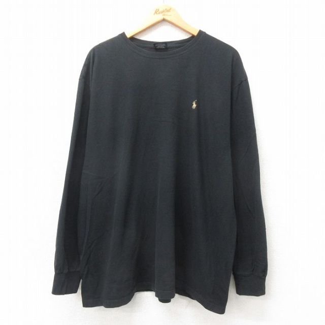 XL★古着 ラルフローレン Ralph Lauren 長袖 ブランド Tシャツ メンズ 90年代 90s ワンポイントロゴ 大きいサイズ コットン クルーネック 黒 ブラック 25apr25 中古
