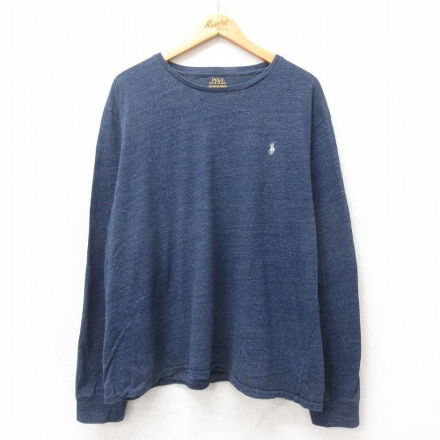 【20%OFF】XL★古着 ラルフローレン Ralph Lauren 長袖 ブランド Tシャツ メンズ ワンポイントロゴ 大きいサイズ コットン クルーネック 紺 ネイビー 霜降り 25apr25 中古