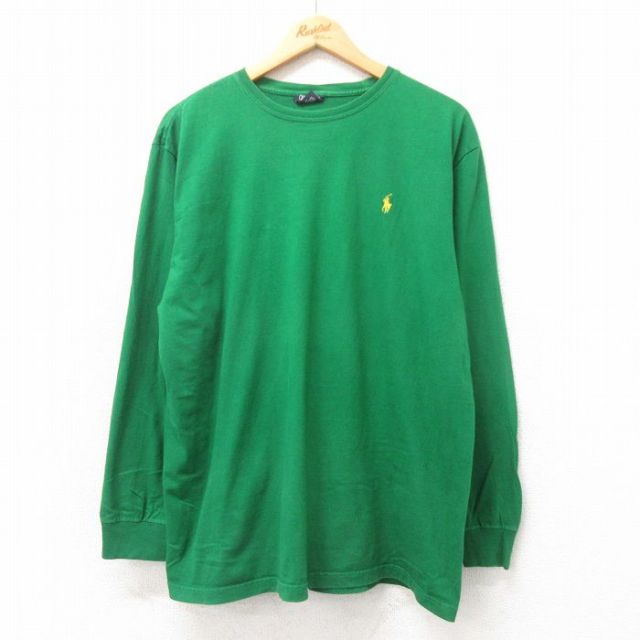 XL★古着 ラルフローレン Ralph Lauren 長袖 ブランド Tシャツ メンズ 90年代 90s ワンポイントロゴ コットン クルーネック 緑 グリーン 25apr25 中古