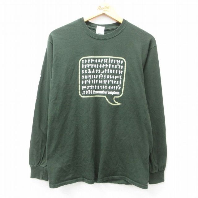 M★古着 長袖 ビンテージ Tシャツ メンズ 00年代 00s ふきだし コットン クルーネック 緑 グリーン 25apr26 中古