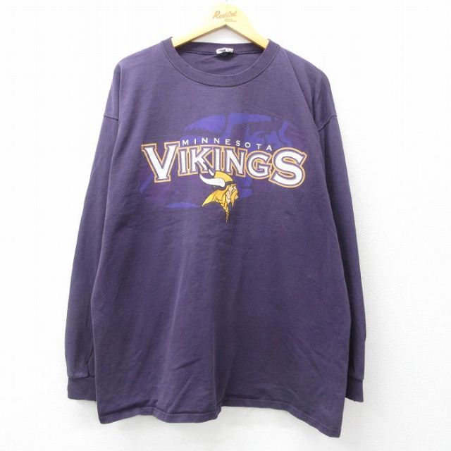 XL★古着 スターター STARTER 長袖 ビンテージ Tシャツ メンズ 80年代 80s NFL ミネソタバイキングス 大きいサイズ コットン クルーネック 紫 パープル アメフト スーパーボウル 25apr26 中古