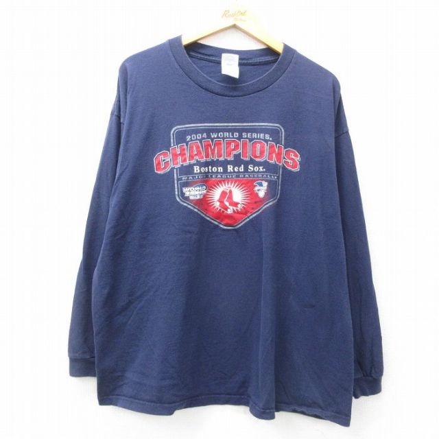 XL★古着 長袖 ビンテージ Tシャツ メンズ 00年代 00s MLB ボストンレッドソックス 大きいサイズ コットン クルーネック 紺 ネイビー メジャーリーグ ベースボール 野球 25apr26 中古