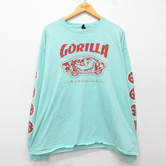 XL★古着 ヘインズ Hanes 長袖 ロック バンド Tシャツ メンズ ゴリラビスケッツ 大きいサイズ コットン クルーネック 薄緑 グリーン 【spe】 25apr26 中古