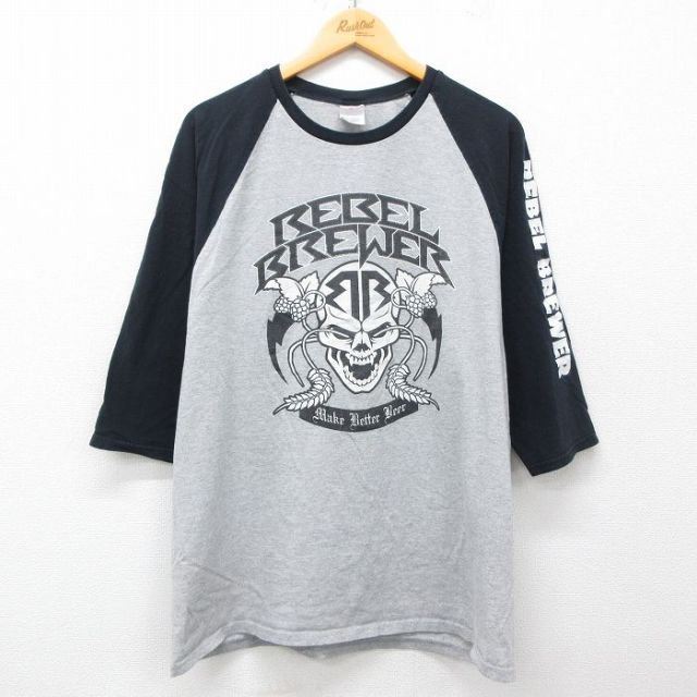XL★古着 7分袖 ビンテージ Tシャツ メンズ 00年代 00s スカル ビール クルーネック グレー 霜降り他 25apr26 中古 7分丈 七分丈 七分袖