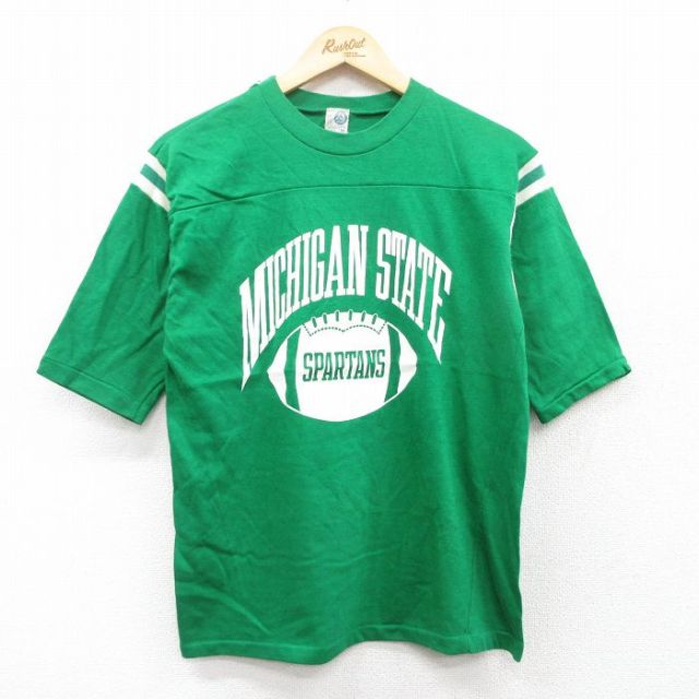 M★古着 ARTEX 半袖 ビンテージ フットボール Tシャツ メンズ 80年代 80s ミシガンステートスパルタンズ コットン クルーネック USA製 緑 グリーン 25may01 中古