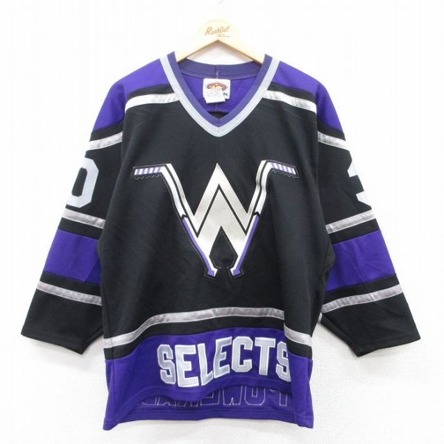 XL★古着 長袖 ビンテージ Tシャツ アイスホッケー ジャージ メンズ 90年代 90s SELECTS POWERADE 30 大きいサイズ Vネック カナダ製 黒他 ブラック ユニフォーム ゲームシャツ 25may01 中古