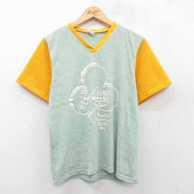 M★古着 半袖 ビンテージ Tシャツ メンズ 70年代 70s クローバー Sullys Vネック 緑系他 グリーン 25may01 中古