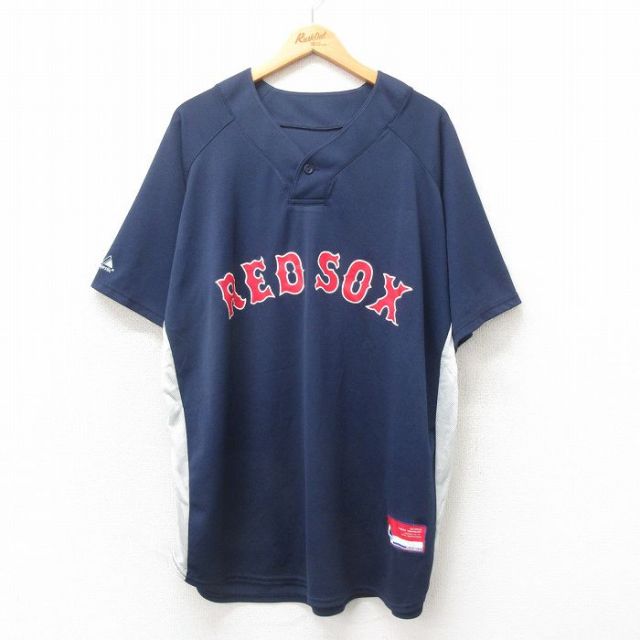 XL★古着 マジェスティック 半袖 Tシャツ メンズ MLB ボストンレッドソックス 大きいサイズ ロング丈 ラグラン Vネック 紺 ネイビー メジャーリーグ ベースボール 野球 ユニフォーム ゲームシャツ 25may02 中古