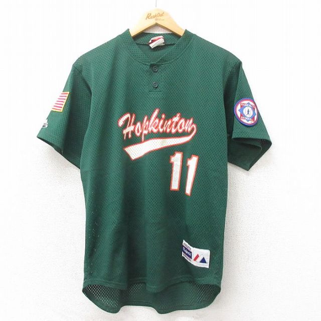 L★古着 マジェスティック 半袖 ビンテージ Tシャツ メンズ 90年代 90s Hopkinton メッシュ地 Vネック USA製 緑 グリーン 25may02 中古