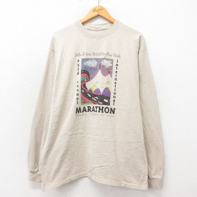 XL★古着 長袖 ビンテージ Tシャツ メンズ 00年代 00s マラソン 企業広告 コットン クルーネック 薄ベージュ カーキ 25may02 中古