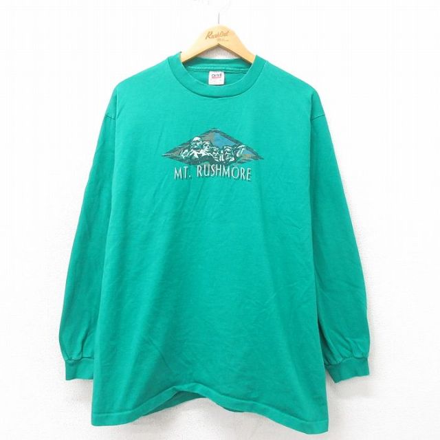 XL★古着 長袖 ビンテージ Tシャツ メンズ 90年代 90s マウントラッシュモア コットン クルーネック USA製 緑 グリーン 25may02 中古