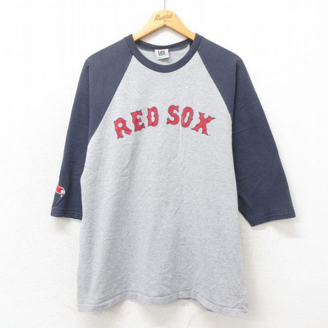 L★古着 リー Lee 7分袖 ビンテージ Tシャツ メンズ 00年代 00s MLB ボストンレッドソックス トロットニクソン 7 ラグラン クルーネック グレー 霜降り メジャーリーグ ベースボール 野球 25may02 中古 7分丈 七分丈 七分袖
