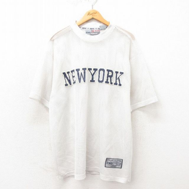 XL★古着 半袖 ビンテージ Tシャツ メンズ ニューヨーク 大きいサイズ メッシュ地 クルーネック 白 ホワイト 25may02 中古