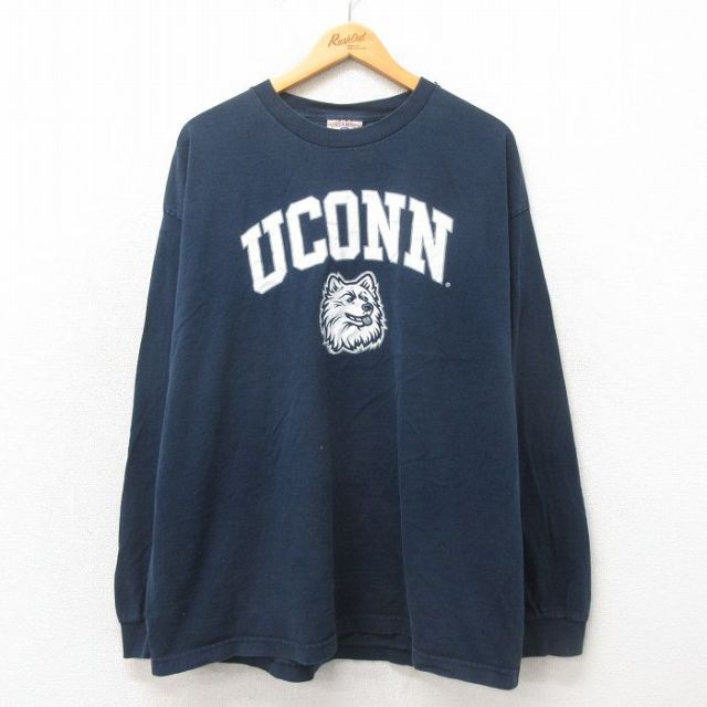 【20%OFF】XL★古着 STEVE&BARRYS 長袖 ビンテージ Tシャツ メンズ 00年代 00s UCONN 大きいサイズ コットン クルーネック 黒 ブラック 25may02 中古