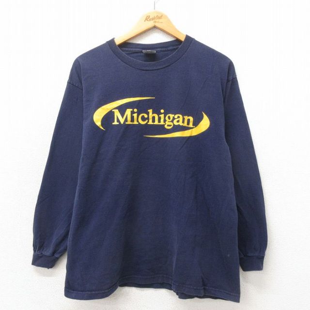 【50%OFF】L★古着 STEVE&BARRYS 長袖 Tシャツ メンズ ミシガン コットン クルーネック 紺 ネイビー 25may02 中古