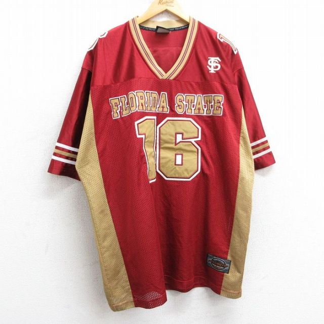 【20%OFF】XL★古着 半袖 ビンテージ フットボール Tシャツ メンズ 00年代 00s フロリダステートセミノールズ 16 メッシュ地 大きいサイズ ロング丈 Vネック えんじ系 ユニフォーム ゲームシャツ 25may02 中古