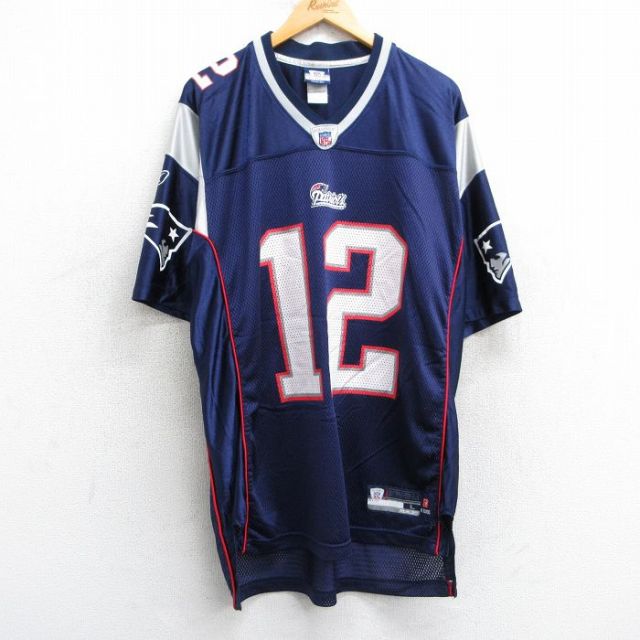 XL★古着 リーボック REEBOK 半袖 ビンテージ フットボール Tシャツ メンズ 00年代 00s NFL ニューイングランドペイトリオッツ トムブレディ 12 メッシュ地 大きいサイズ ロング丈 Vネック 紺 ネイビー ユニフォーム ゲームシャツ アメフト スーパーボウル 25may02 中古