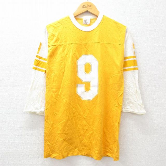 M★古着 7分袖 ビンテージ フットボール Tシャツ メンズ 80年代 80s 9 レーヨン クルーネック 黄他 イエロー 25may09 中古 7分丈 七分丈 七分袖