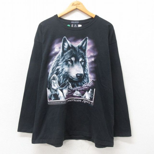 XL★古着 長袖 ビンテージ Tシャツ 00年代 00s インディアン オオカミ 大きいサイズ コットン クルーネック 黒 ブラック 25may12 中古 メンズ