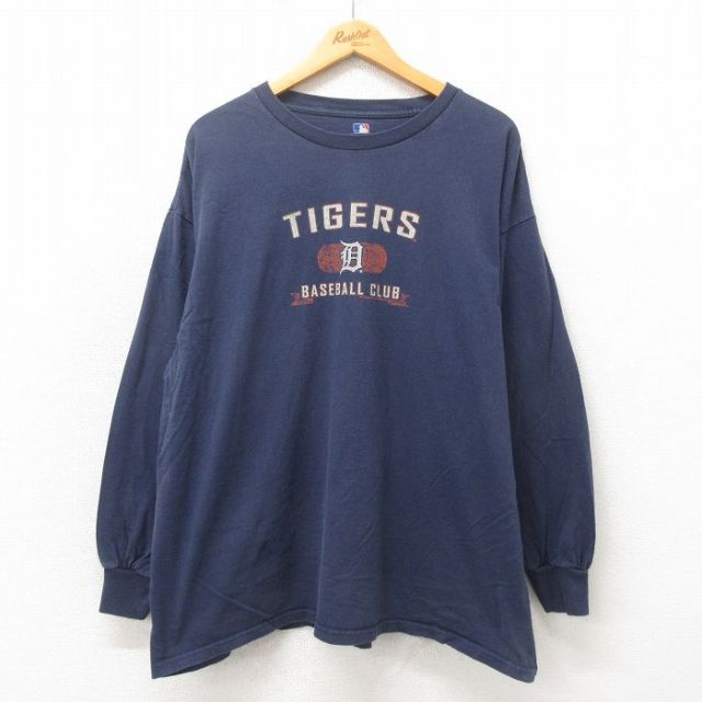 XL★古着 長袖 ビンテージ Tシャツ メンズ 00年代 00s MLB デトロイトタイガース 大きいサイズ コットン クルーネック 紺 ネイビー 25may12 中古