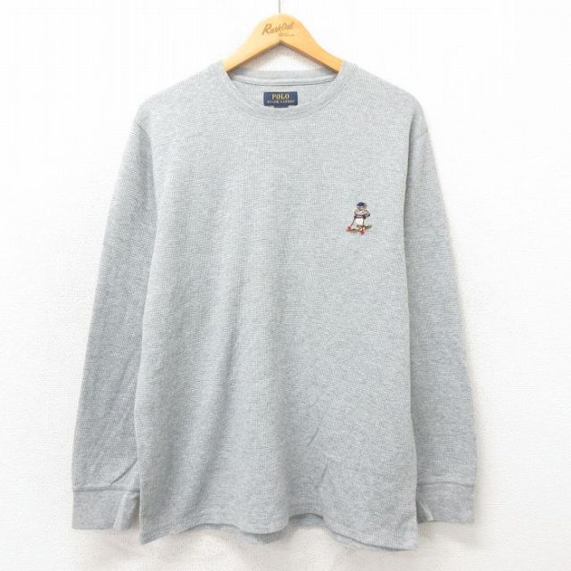 XL★古着 ラルフローレン Ralph Lauren 長袖 ブランド サーマル Tシャツ メンズ ポロベア クルーネック グレー 25may12 中古