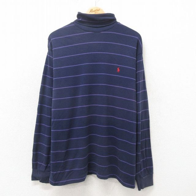 【50%OFF】XL★古着 ラルフローレン Ralph Lauren 長袖 ブランド Tシャツ メンズ 90年代 90s ワンポイントロゴ 大きいサイズ コットン タートルネック 紺 ネイビー ボーダー 25may12 中古