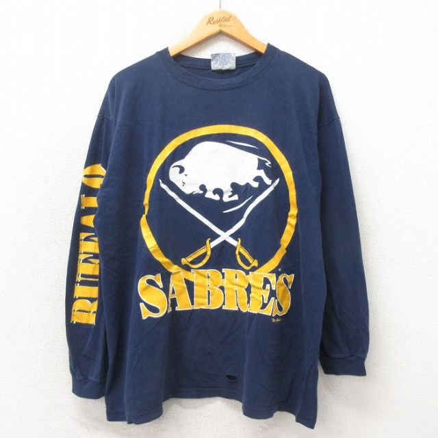 【20%OFF】XL★古着 長袖 ビンテージ Tシャツ メンズ 00年代 00s NHL バッファローセイバーズ コットン クルーネック 紺 ネイビー アイスホッケー 25may12 中古