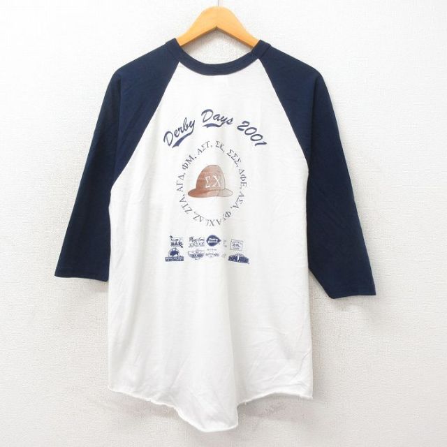 XL★古着 ラッセル 7分袖 ビンテージ Tシャツ メンズ 00年代 00s ギリシャ文字 企業広告 ツートンカラー ラグラン クルーネック 白 ホワイト 25may12 中古 7分丈 七分丈 七分袖