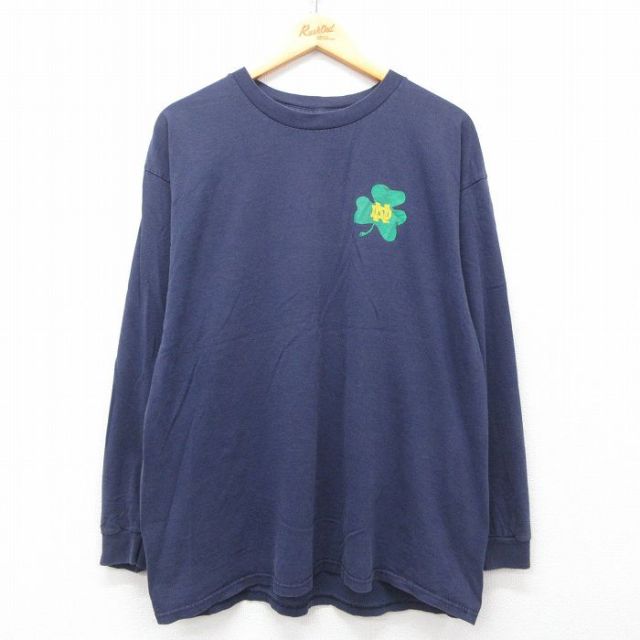 XL★古着 長袖 ビンテージ Tシャツ メンズ 90年代 90s ノートルダム アイリッシュ 大きいサイズ コットン クルーネック 紺 ネイビー 25may12 中古