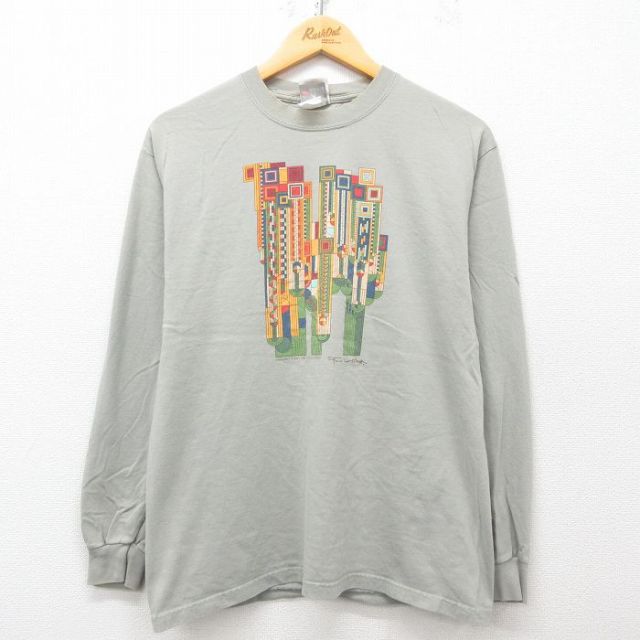 M★古着 ヘインズ Hanes 長袖 ビンテージ Tシャツ メンズ 00年代 00s フランクロイドライト クルーネック 薄緑系 グリーン 【spe】 25may12 中古