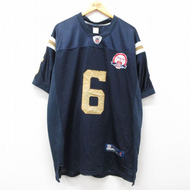 XL★古着 リーボック REEBOK 半袖 ビンテージ フットボール Tシャツ メンズ 00年代 00s NFL マークサンチェス 6 メッシュ地 大きいサイズ ロング丈 Vネック 紺 ネイビー ユニフォーム ゲームシャツ アメフト スーパーボウル 25may12 中古