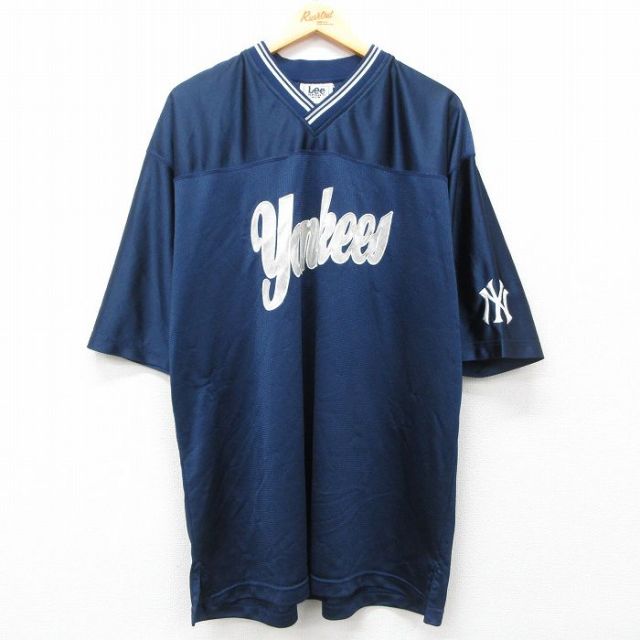 XL★古着 リー Lee 半袖 ビンテージ フットボール Tシャツ メンズ 00年代 00s MLB ニューヨークヤンキース メッシュ地 大きいサイズ ロング丈 Vネック 紺 ネイビー ユニフォーム ゲームシャツ メジャーリーグ ベースボール 野球 25may12 中古