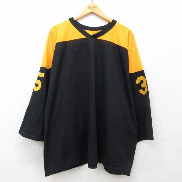 XL★古着 長袖 ビンテージ フットボール Tシャツ メンズ 90年代 90s 35 ツートンカラー 大きいサイズ Vネック カナダ製 黒 ブラック ユニフォーム ゲームシャツ 25may12 中古
